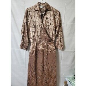 Vtg Michael Blair Satin Floral Dress Size 7-8 Bronze Wrap Style Bodice Union USA